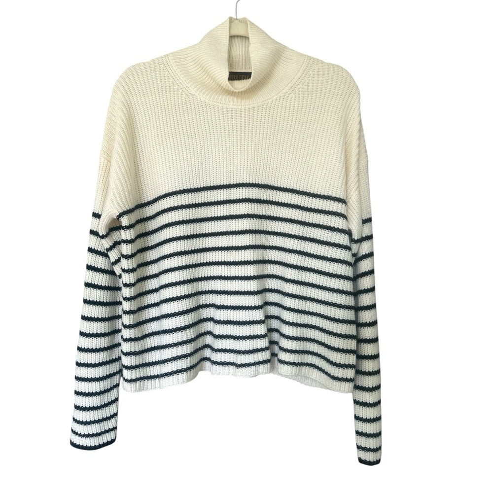 Women’s Cowl Neck Sweater Ivory Navy Stripes Oversized Cozy Soft Capsule Sz S